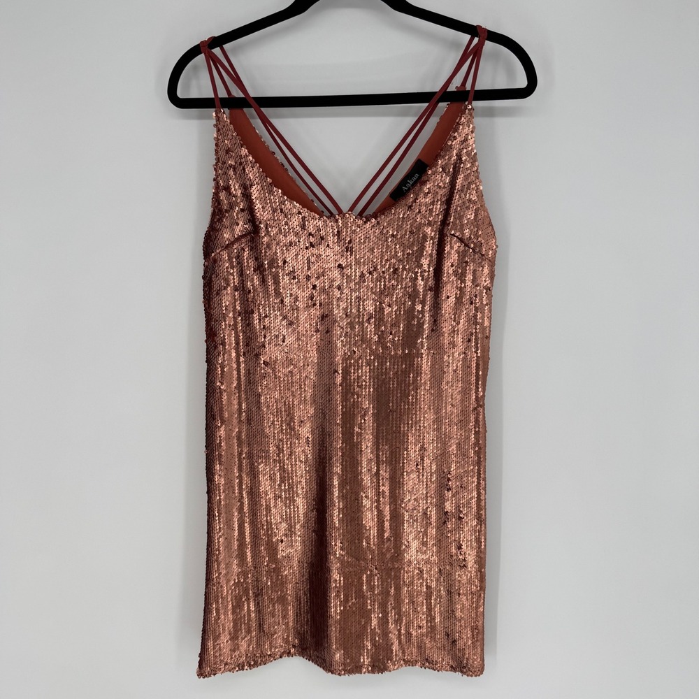 AAKAA SEQUIN MINI DRESS NWT SMALL BRONZE COPPER FLASHY SPARKLE GLIMMER‎